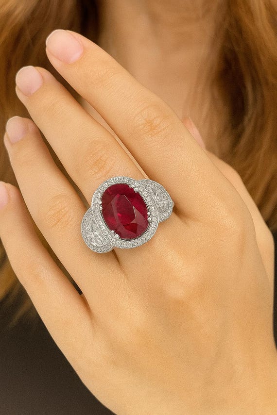 Oval Ruby Diamond Halo Ring: 18K White Gold Gala Statement Ring