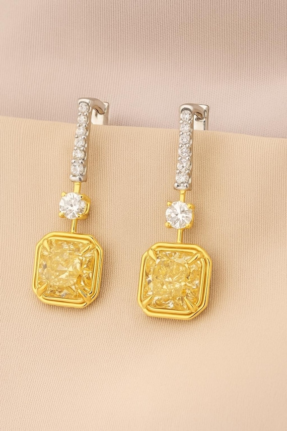 GIA Certified Canary Diamond Dangle Earrings, 18K Two-Tone Gold