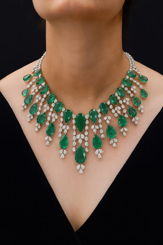 Emerald Diamond Wedding Necklace, 18K White Gold Zambian Gemstone