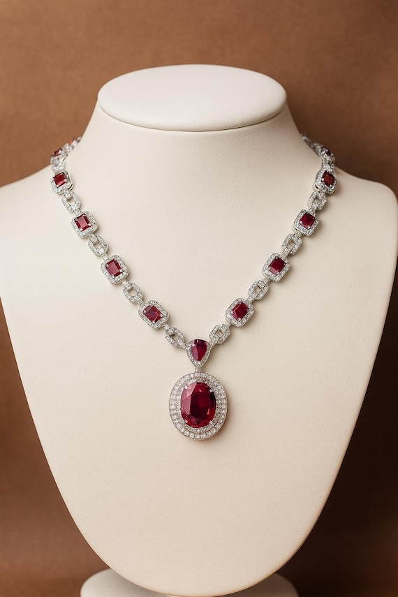 AAA Ruby Diamond Necklace: 18K White Gold, Multi-Shape, 33.85 Carats