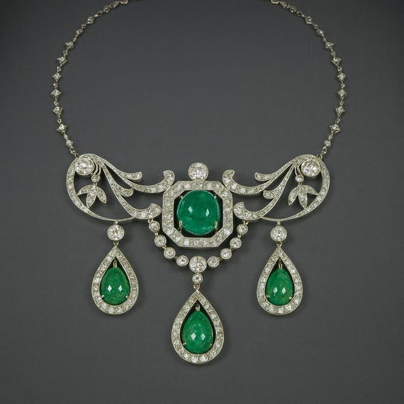 Antique Emerald & Diamond Necklace: 18K White Gold Filigree Bridal Jewelry
