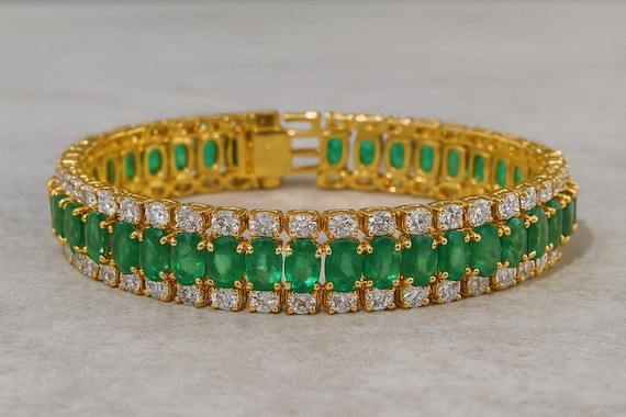 Emerald Diamond Bracelet, 14K Yellow Gold Tennis Bracelet