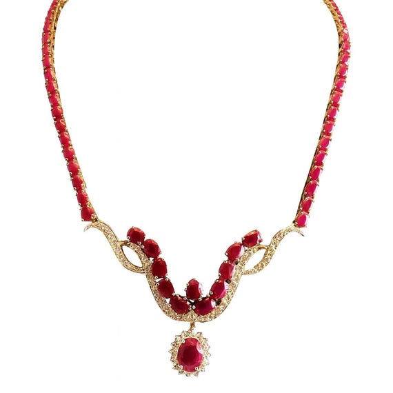 Ruby Diamond Necklace, 54.14Ct 14K Yellow Gold Fine Jewelry