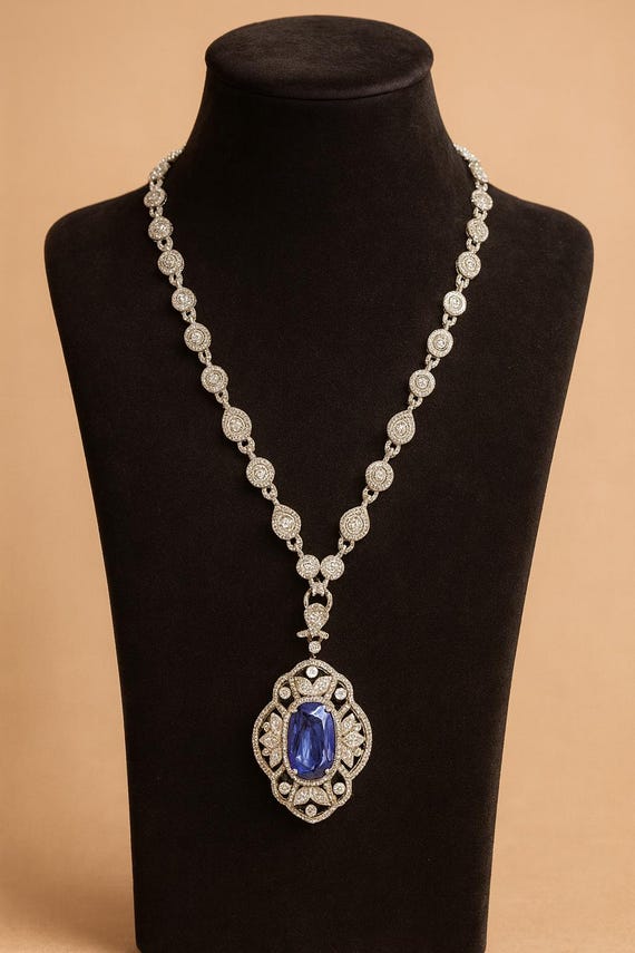 18K White Gold Tanzanite Necklace | Handmade Diamond Halo Pendant