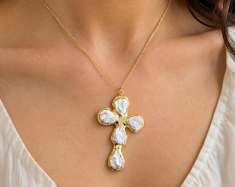 Natural Freshwater Pearl Cross Pendant Necklace : Gold Plated Large Cross Jewelry For Her