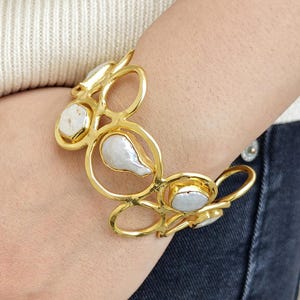 Pearl Open Circle Cuff Bracelet Geometric Multi Stone Hexagon Pearl Statement Bangle Modern Bridal