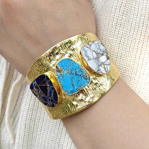 Wide Hammered Turquoise Cuff Bracelet, Multi-Stone Statement Cuff, White Howlite Boho Jewelry image 1