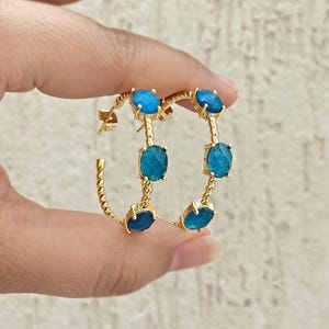 Twisted Hoop Gemstone Earring, Green Onyx Black Onyx & Apatite Jade Hoops, Rope Textured Jewelry