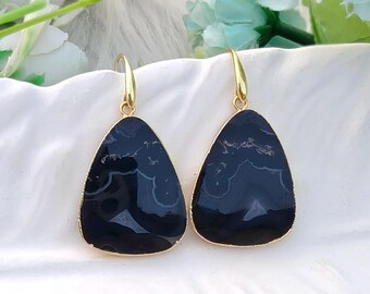 Black Agate Brass Earring : Gold Plated Triangle Shape Modern Gemstone Jewelry for Women