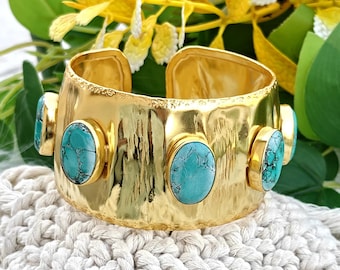 Tibetan Turquoise Cuff Bracelet : Gold Plated Handmade Open Chunky Wide Fashion Bangle Jewelry Gift