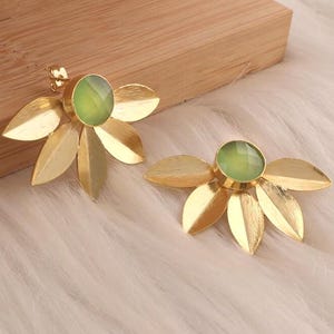 Lotus Leaf Stud Earrings : Dyed Ruby & Prehnite Gemstone Gold Plated Brass Jewelry For Women