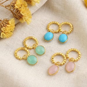 Natural Gold Plated Gemstone Hoop Earrings , Handmade Textured Huggies Jewelry