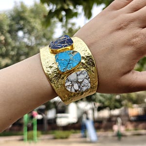 Wide Hammered Turquoise Cuff Bracelet, Multi-Stone Statement Cuff, White Howlite Boho Jewelry image 3