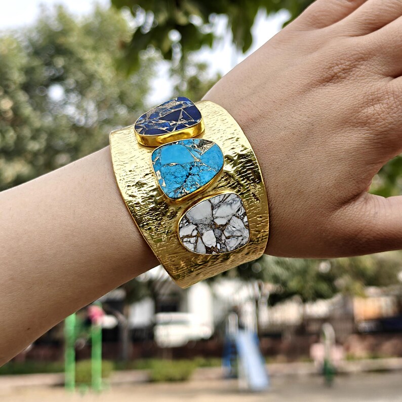 Wide Hammered Turquoise Cuff Bracelet, Multi-Stone Statement Cuff, White Howlite Boho Jewelry image 3