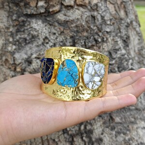 Wide Hammered Turquoise Cuff Bracelet, Multi-Stone Statement Cuff, White Howlite Boho Jewelry image 7