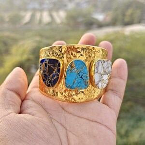 Wide Hammered Turquoise Cuff Bracelet, Multi-Stone Statement Cuff, White Howlite Boho Jewelry image 11