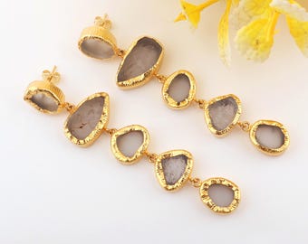 Raw Crystal Quartz Dangle Brass Earring : Handmade Gold Plated Statement Jewelry
