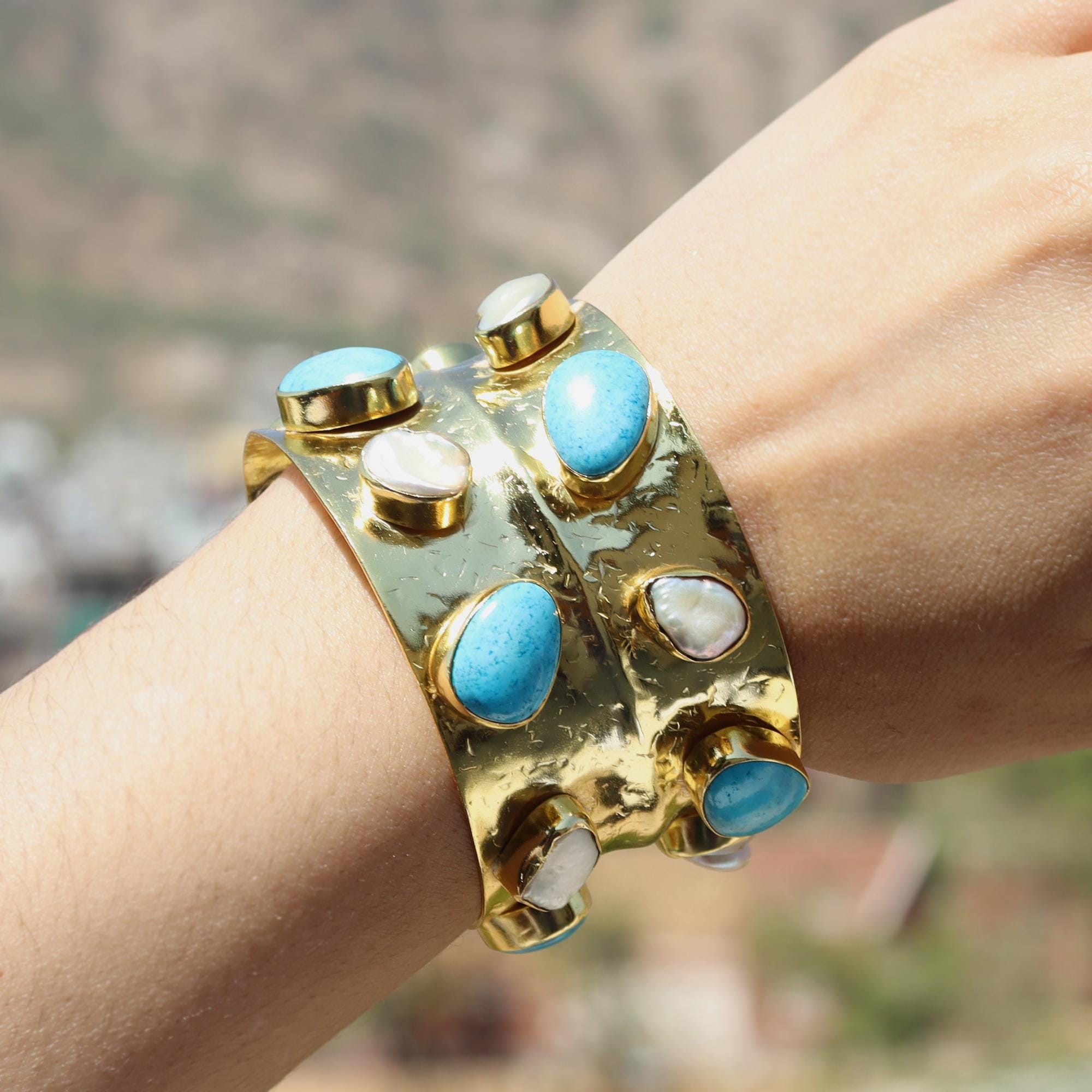 Gold Plated Open Cuff Bracelet : Turquoise & Pearl Hammered  display picture 1