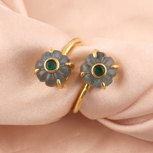Labradorite Carved Bypass Ring with CZ, Gold Plated Brass Adjustable Wrap Ring for Gift