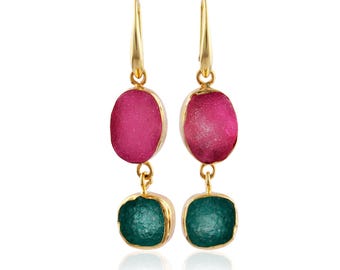 Pendientes colgantes de latón con drusa rosa y verde: joyería chapada en oro con doble piedra para mujer.