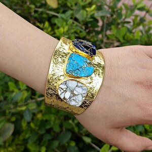 Wide Hammered Turquoise Cuff Bracelet, Multi-Stone Statement Cuff, White Howlite Boho Jewelry image 2