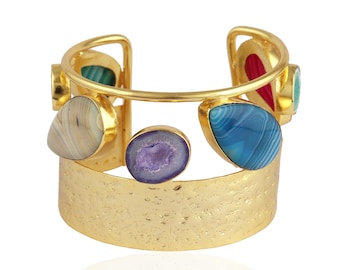 Botswana Agate Cuff Bracelet : Gold Plated Hammered Texture Chunky Wide Cuff Gemstone Bangle