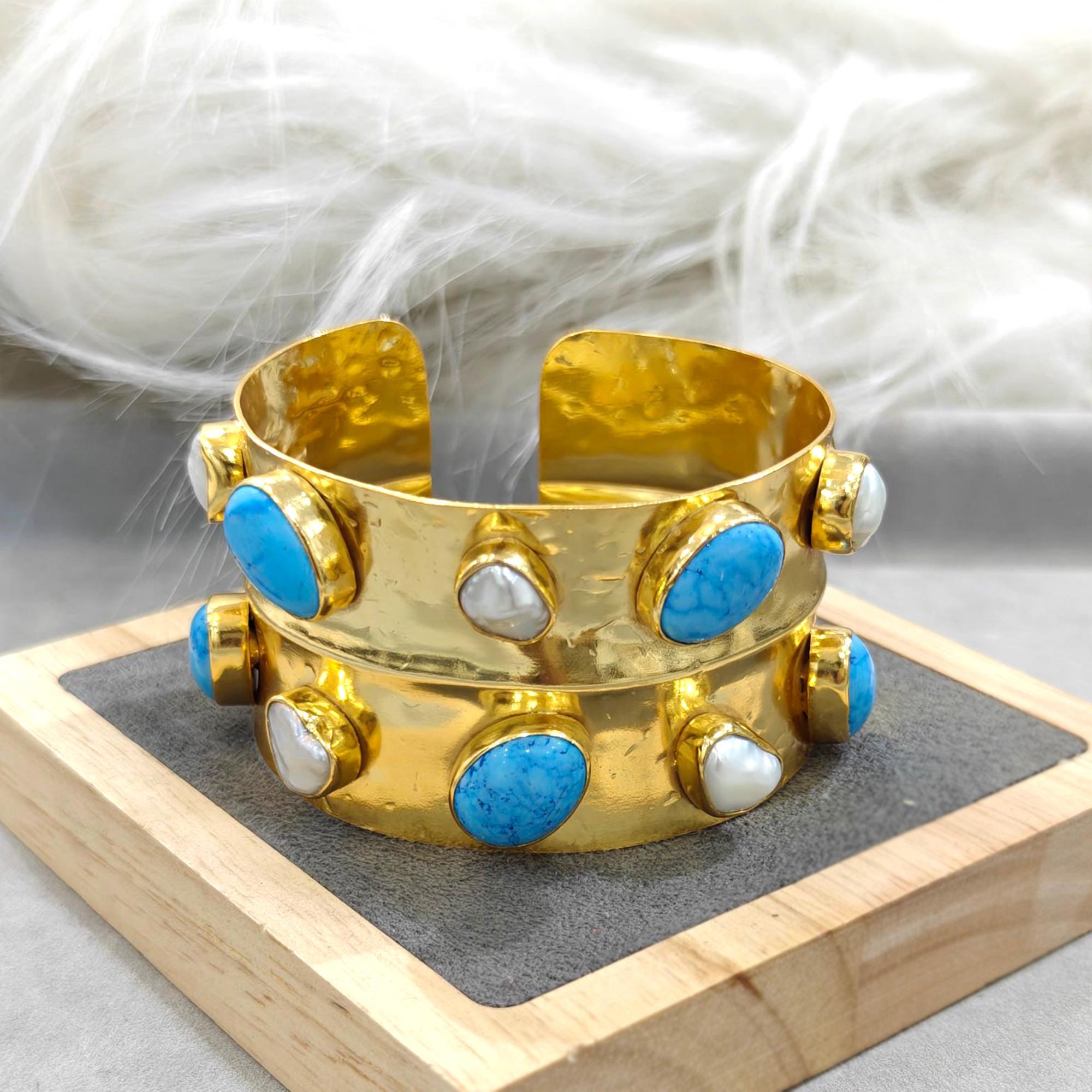 Gold Plated Open Cuff Bracelet : Turquoise & Pearl Hammered  display picture 1