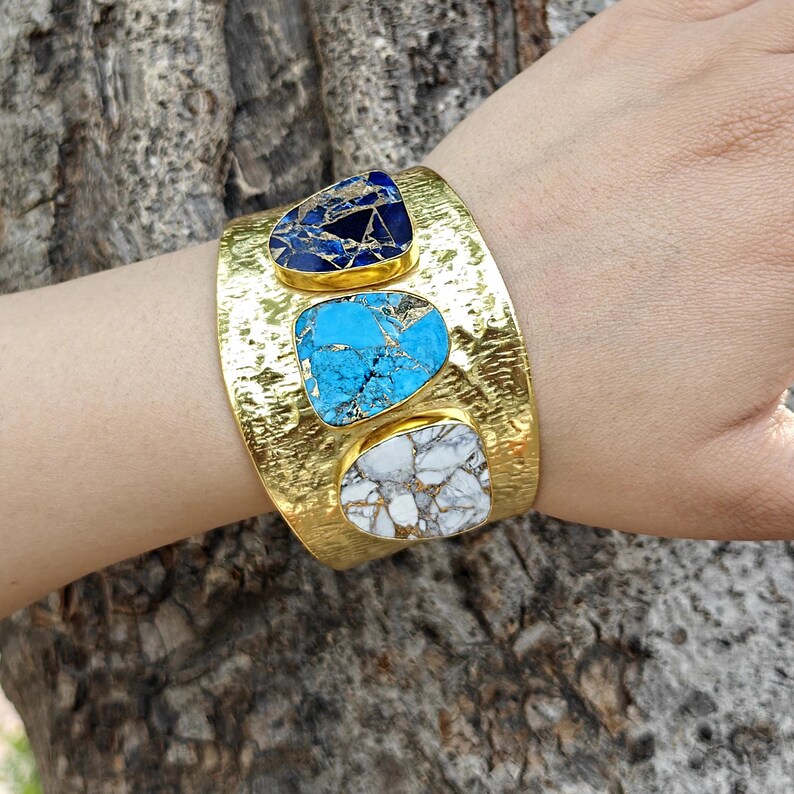 Wide Hammered Turquoise Cuff Bracelet, Multi-Stone Statement Cuff, White Howlite Boho Jewelry image 6