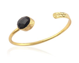 Black Onyx Brass Cuff Bracelet : Handmade Hammered Bangle, Adjustable Gold Plated Cuff