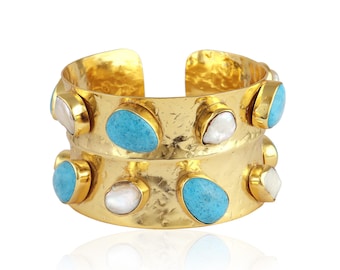 Gold Plated Open Cuff Bracelet : Turquoise & Pearl Hammered Texture Chunky Cuff Boho Chic Bangle