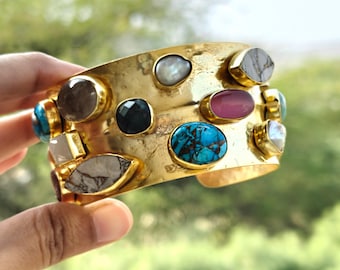 Gold Plated Brass Multi Gemstone Chunky Bracelet : Hammered Texture Cuff Wide Bangle, Birthday Gift