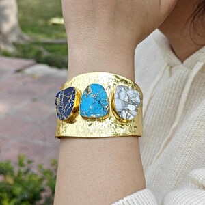 Wide Hammered Turquoise Cuff Bracelet, Multi-Stone Statement Cuff, White Howlite Boho Jewelry image 5