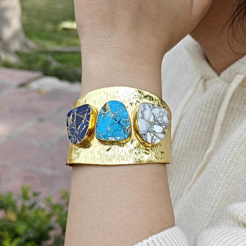 Wide Hammered Turquoise Cuff Bracelet, Multi-Stone Statement Cuff, White Howlite Boho Jewelry image 5
