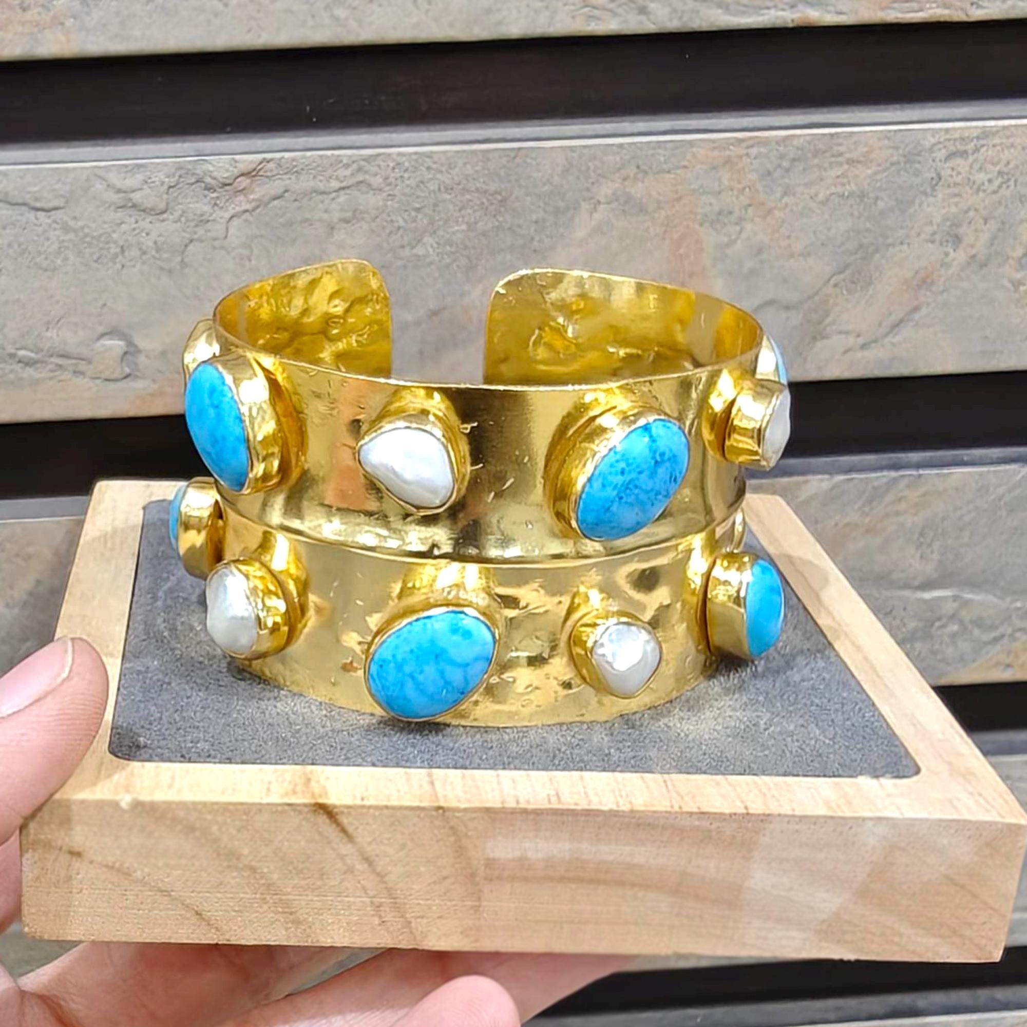 Gold Plated Open Cuff Bracelet : Turquoise & Pearl Hammered  display picture 1