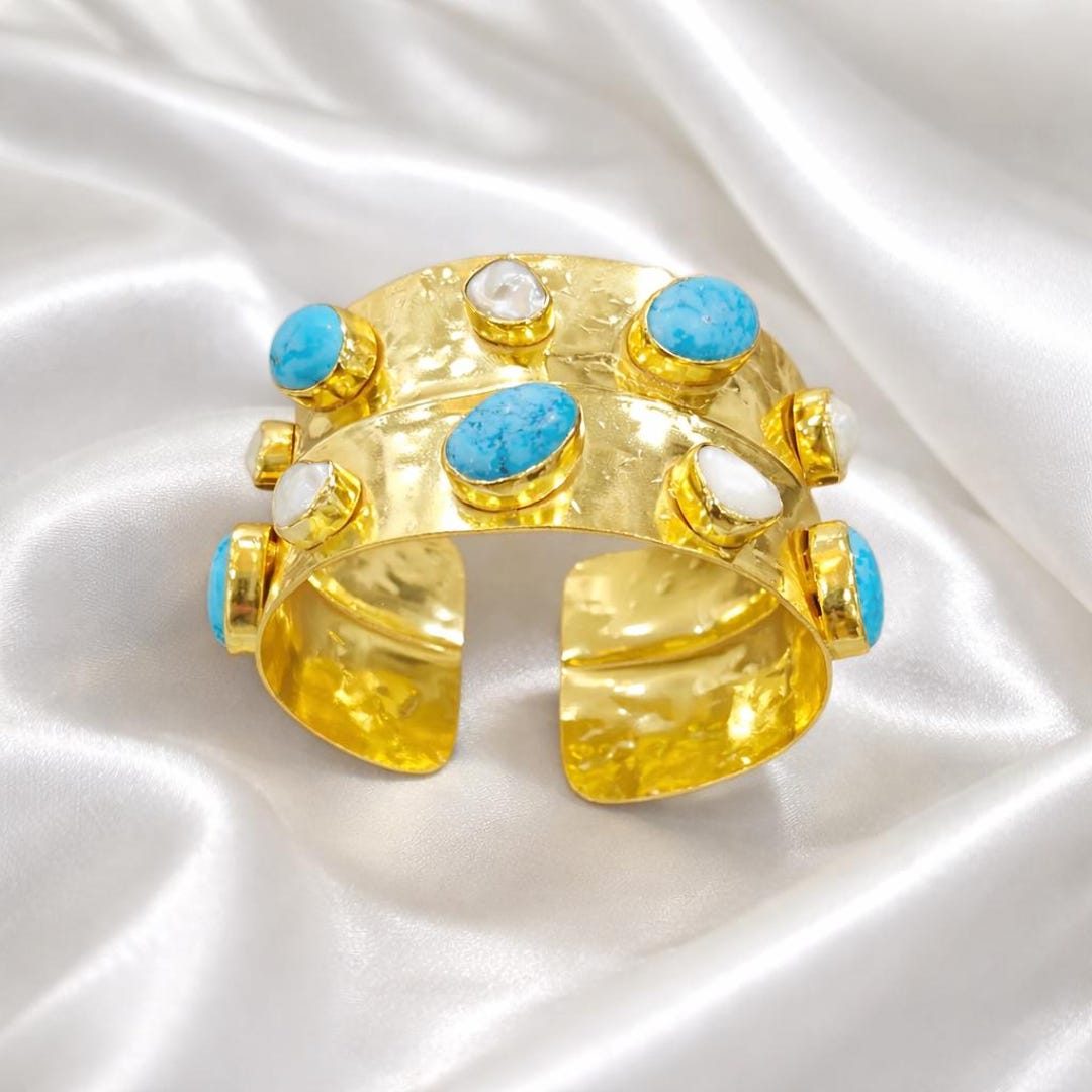 Gold Plated Open Cuff Bracelet : Turquoise & Pearl Hammered  display picture 1