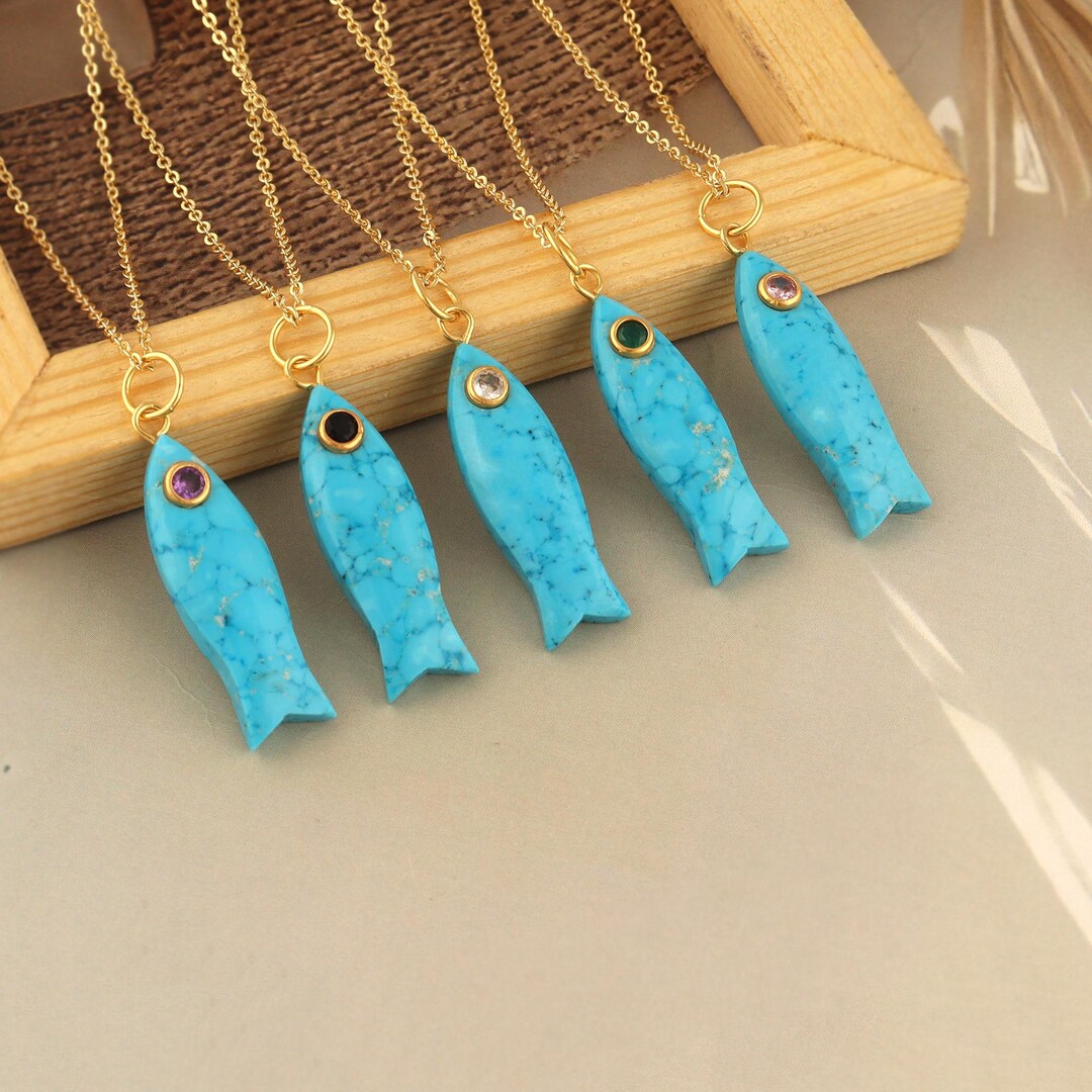 Turquoise Fish Pendant Necklace: Gold Plated Chain, Ocean Jewelry - Etsy