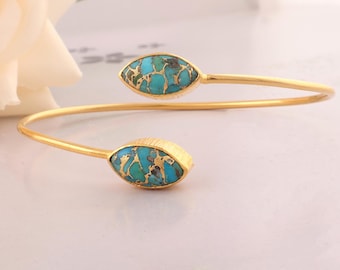 Kupfer Türkis Manschette Armband: Double Marquise Edelstein Schmuck verstellbar Boho Armreif