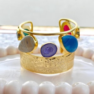 Botswana Agate Cuff Bracelet : Gold Plated Hammered Texture Chunky Wide Cuff Gemstone Bangle
