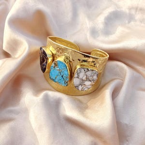 Wide Hammered Turquoise Cuff Bracelet, Multi-Stone Statement Cuff, White Howlite Boho Jewelry image 9