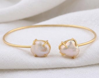 天然淡水パールカフブレスレット 22Ktゴールドメッキパールクラスター