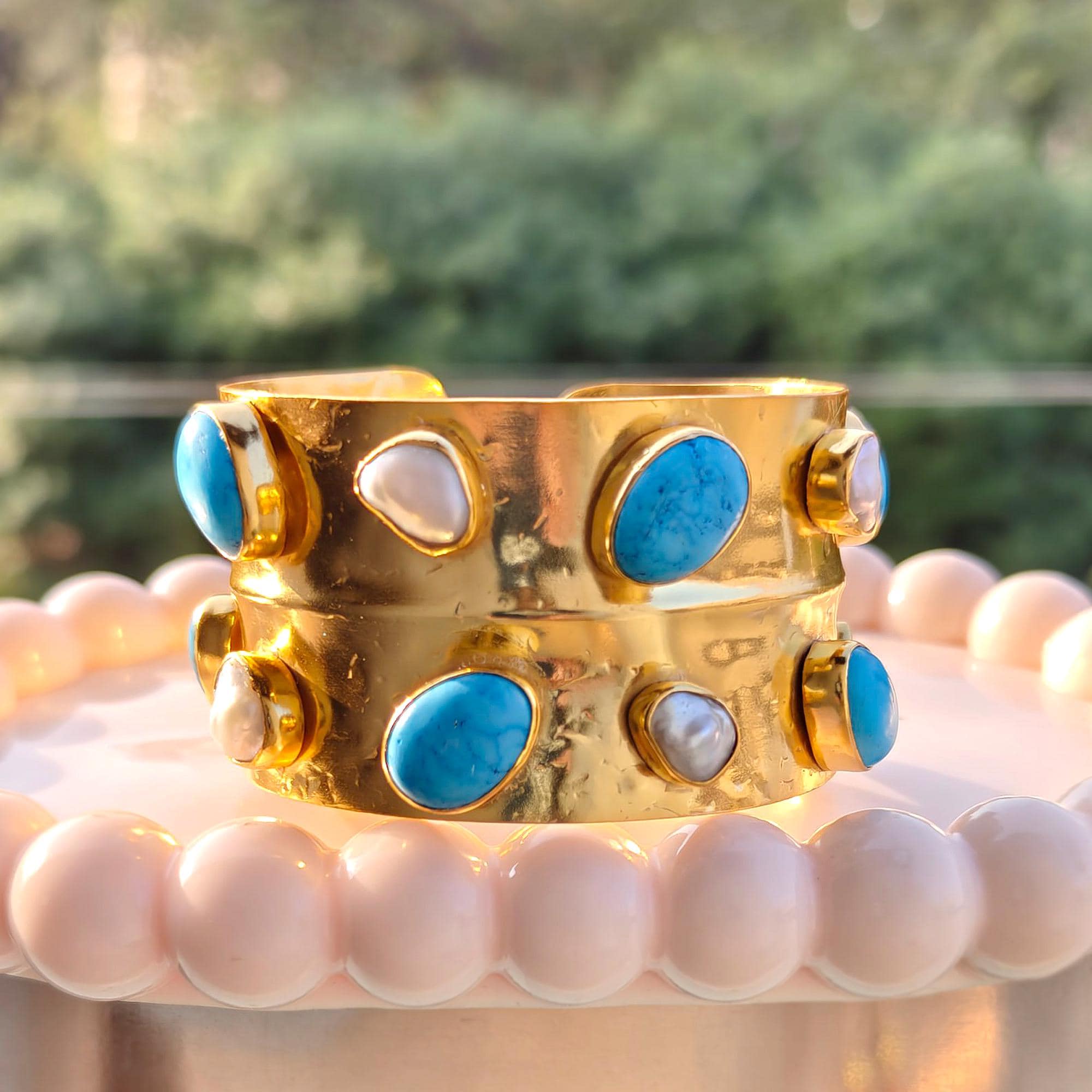 Gold Plated Open Cuff Bracelet : Turquoise & Pearl Hammered  display picture 1