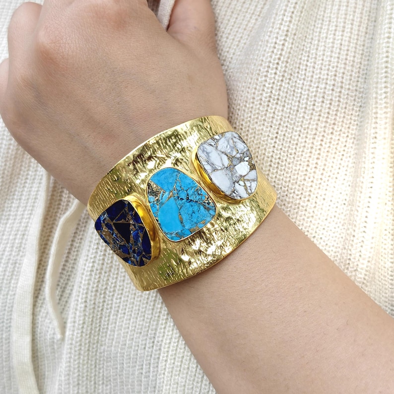 Wide Hammered Turquoise Cuff Bracelet, Multi-Stone Statement Cuff, White Howlite Boho Jewelry image 1