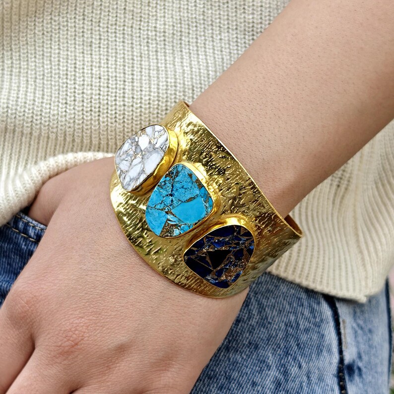 Wide Hammered Turquoise Cuff Bracelet, Multi-Stone Statement Cuff, White Howlite Boho Jewelry image 4