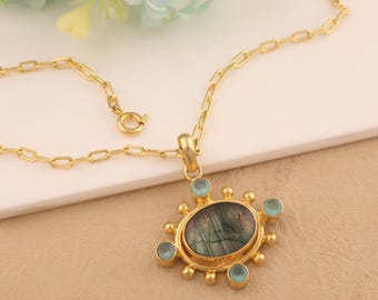 Labradorite Chalcedony Gemstone Brass Pendant with Chain : Handmade Jewelry for Women