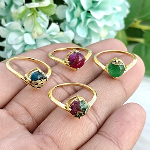 Natural Mohave Copper Turquoise Gemstone Brass Rings : Gold plated Chevron Design Prong Setting Jewelry