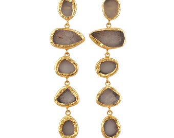 Raw Crystal Quartz Dangle Brass Earring : Handmade Gold Plated Statement Jewelry