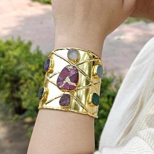 Gold Plated Brass Multi Gemstone Chunky Bracelet : Handmade Open Wide Cuff Bangle for Women