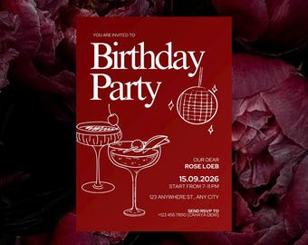Tarjeta de cumpleaños editable con cerezas, invitación a cóctel, diseño minimalista de cumpleaños rojo.