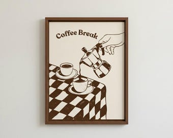 Póster imprimible de Coffee Break, arte mural de café, decoración de cocina con café marrón, ilustración de cafetería, descarga digital