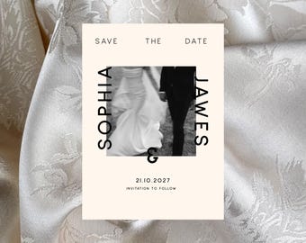 Plantilla elegante para anunciar la fecha de la boda, tarjeta de invitación de boda editable, anuncio de boda minimalista con foto, anuncio de boda moderno.